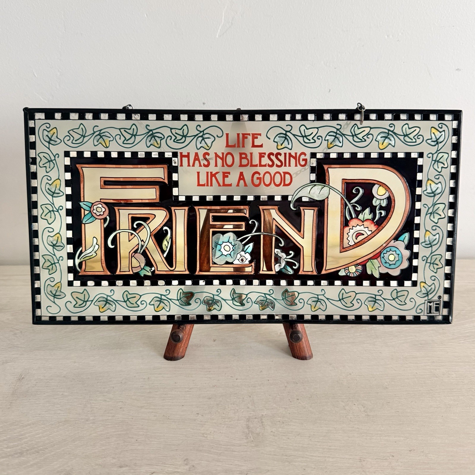 Mary Engelbreit FRIEND Hanging Sign Amia Hand Painted Checkered Floral 12” Mary Engelbreit FRIEND Hanging Sign Amia Hand Painted Checkered Floral 12”