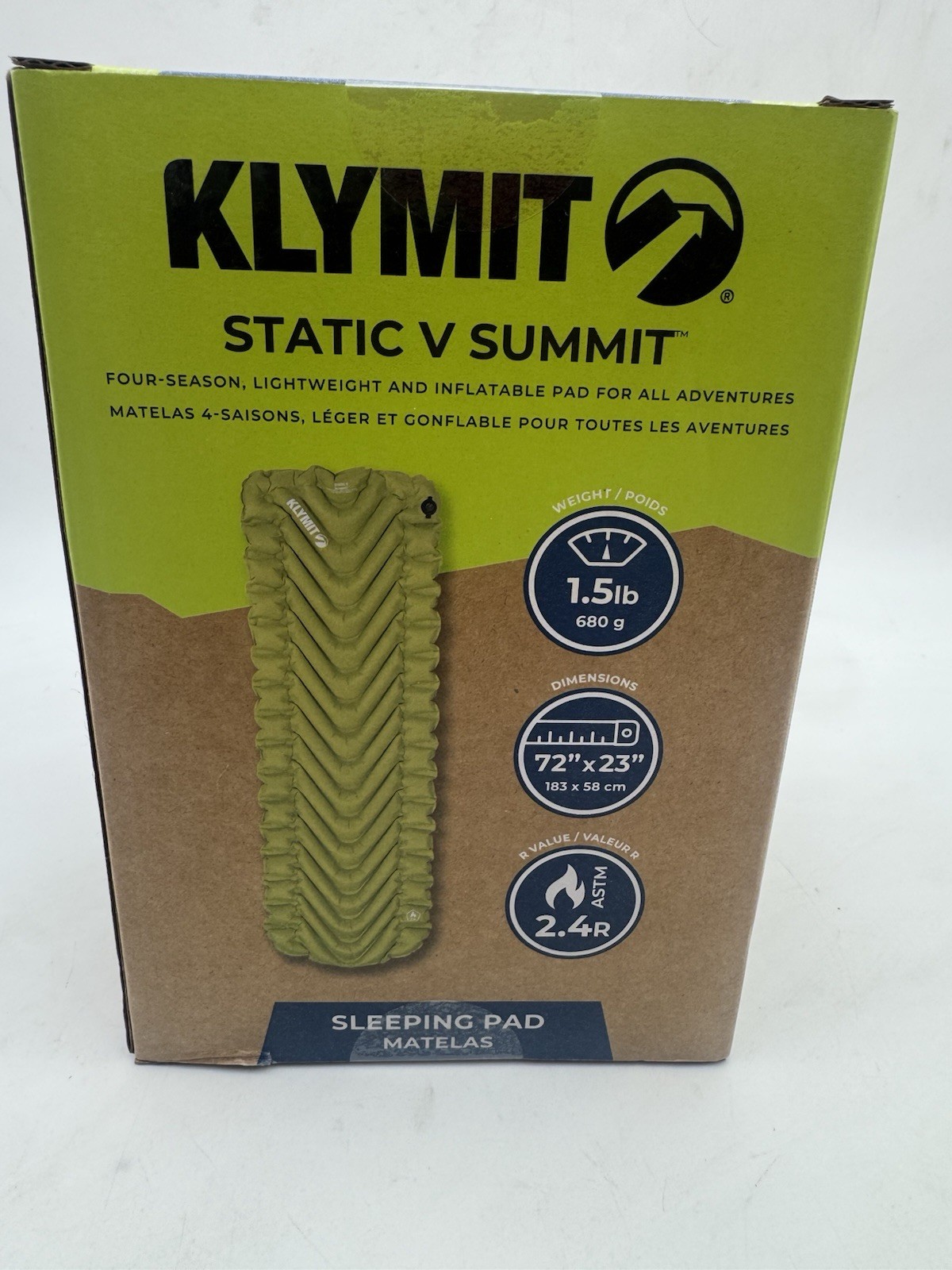 Klymit Static V Summit Sleeping Pad Matelas 1.5lbs 72 x 23 2.4R 2.5” Inflatabl Klymit Static V Summit Sleeping Pad Matelas 1.5lbs 72 x 23 2.4R 2.5” Inflatabl