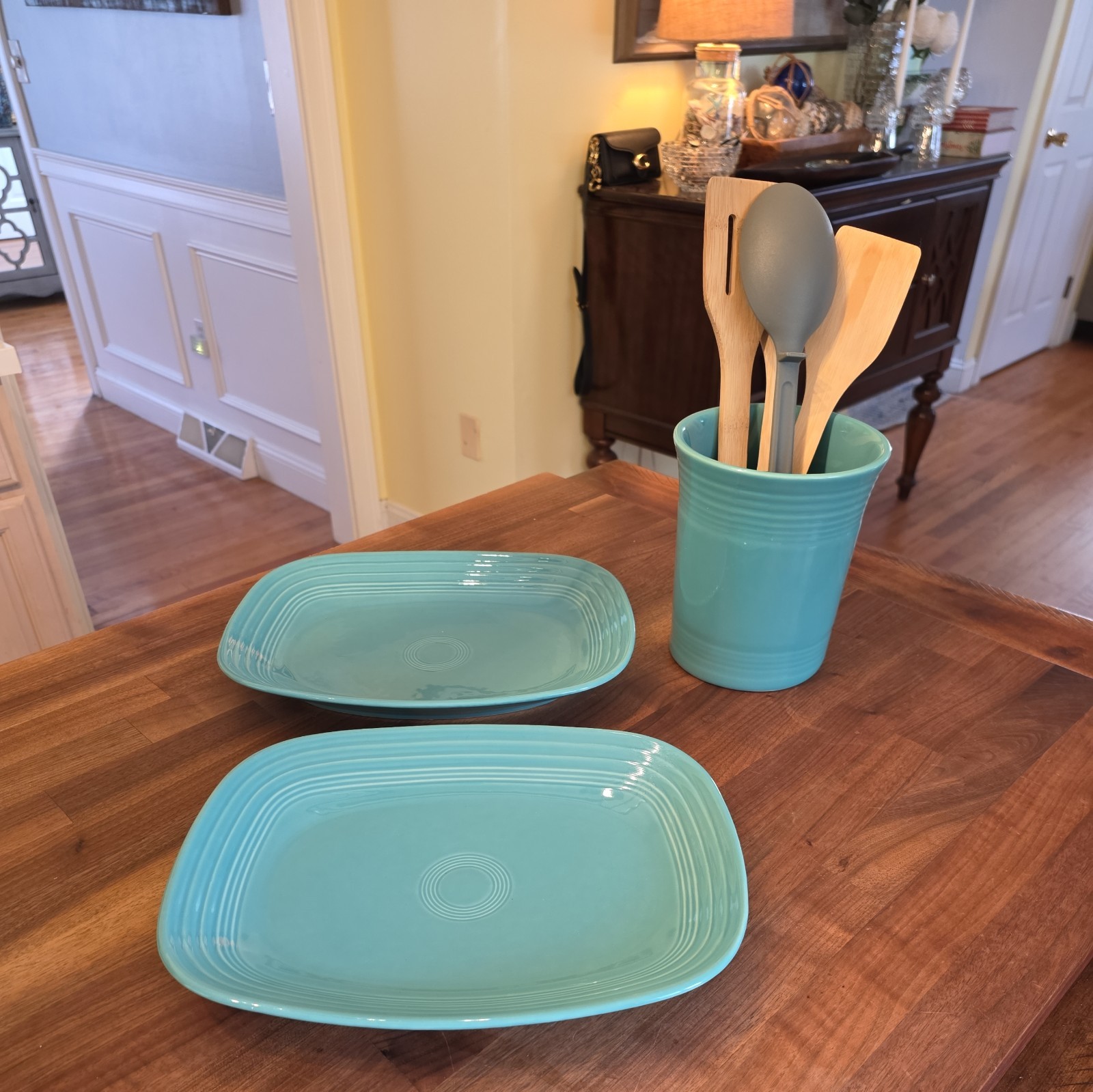 Set Homer Laughlin  Fiesta Turquoise Serving Platters and Utensil Canister