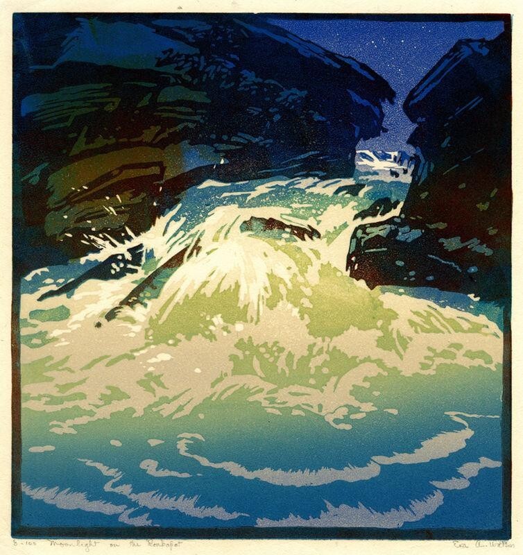 Moonlight on the Konkapot – Eva Watson 1928 – American Modernist Vibrant Linocut