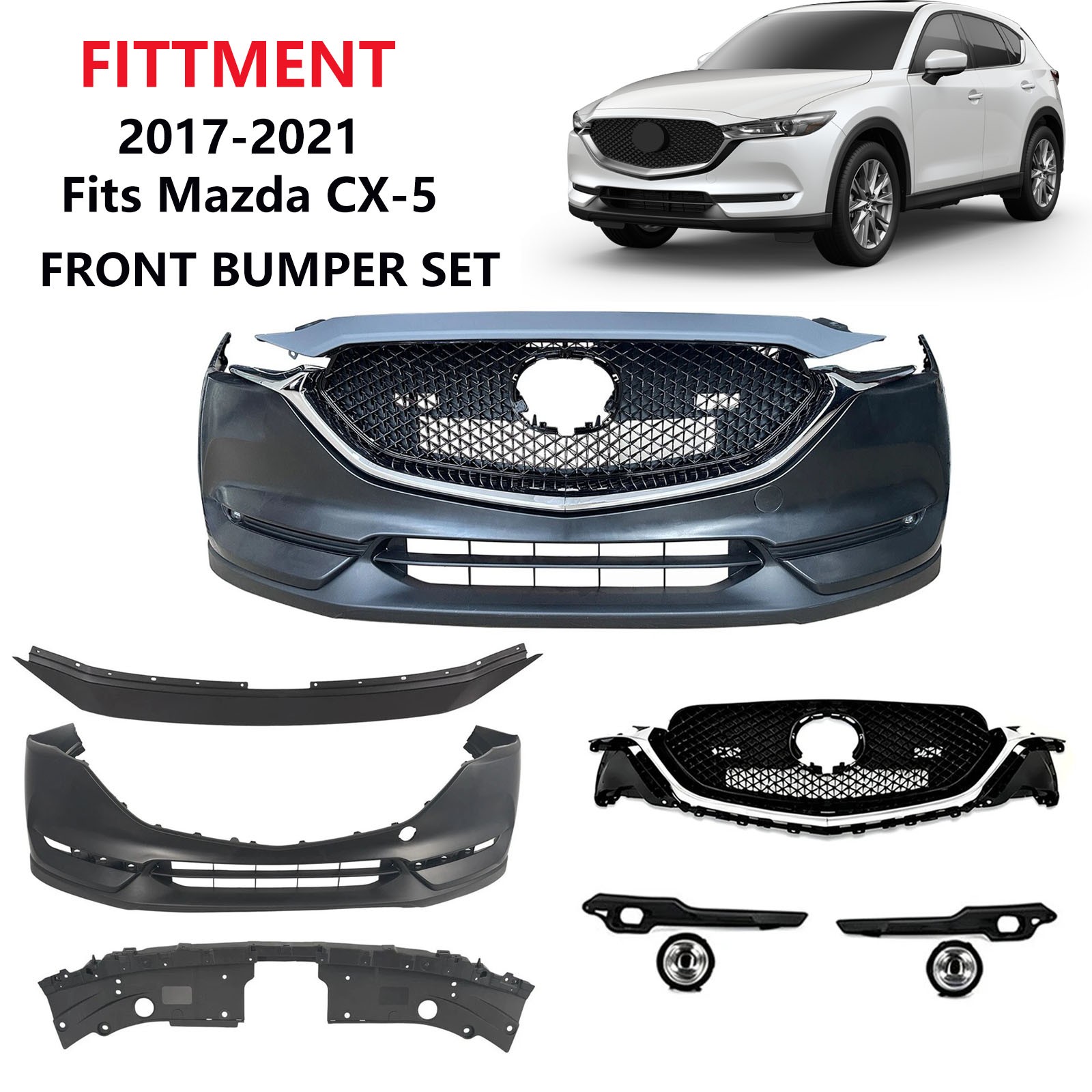 Front Bumper Cover Kit W/ Fog Lights For 2017-2021 Mazda CX-5 W/O Parking Aid
