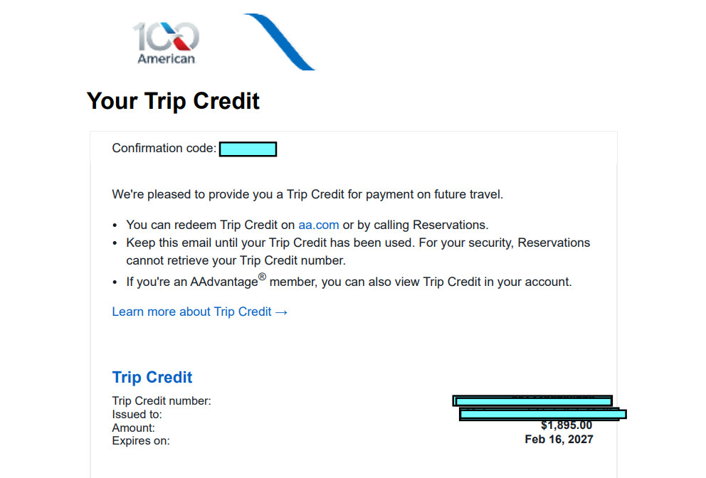 $1,895 American Airlines Trip Credits | 6 Monthly Expiry