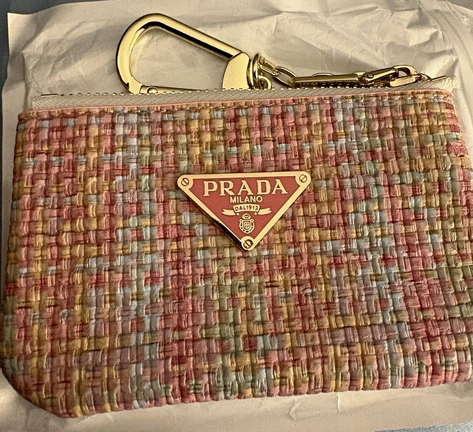 PRADA Multicolor Woven Pattern Women’s Wristlet Wallet Zip Closure Key Clip PRADA Multicolor Woven Pattern Women’s Wristlet Wallet Zip Closure Key Clip