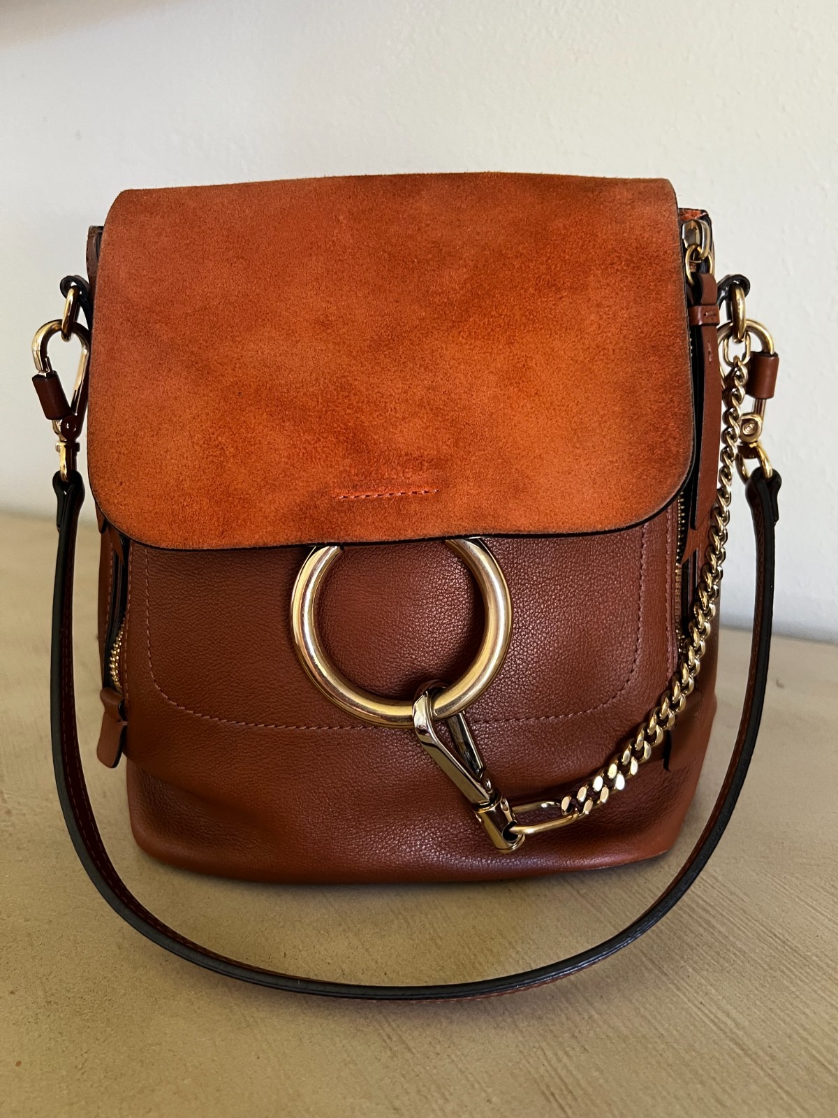 Chloe Faye Small Backpack Tobacco Brown Suede Leather Gold Hardware Authentic