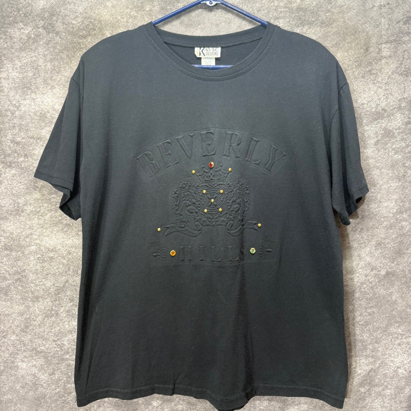 VTG 90s Kavio Designs Beverly Hills Embossed Raised Crest T-Shirt Black Womens