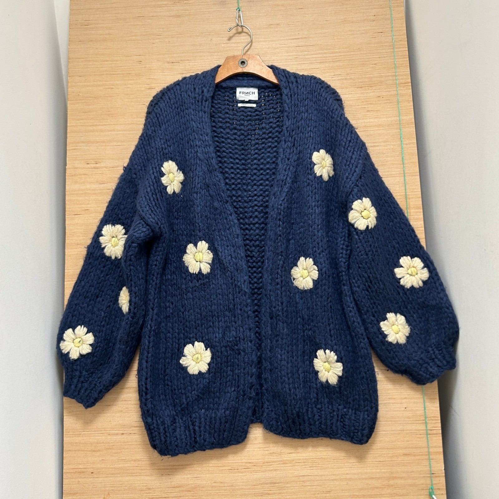 FRNCH Paris Navy Blue Daisy Floral Hand Knit Chunky Cardigan Sweater S/M