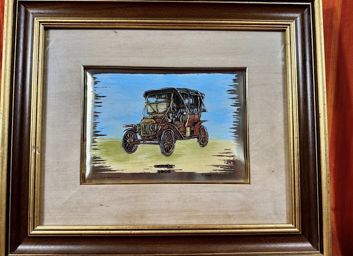 E Danese Vintage Italian Silver Foil Relief Painting 1909 Ford Model T Framed