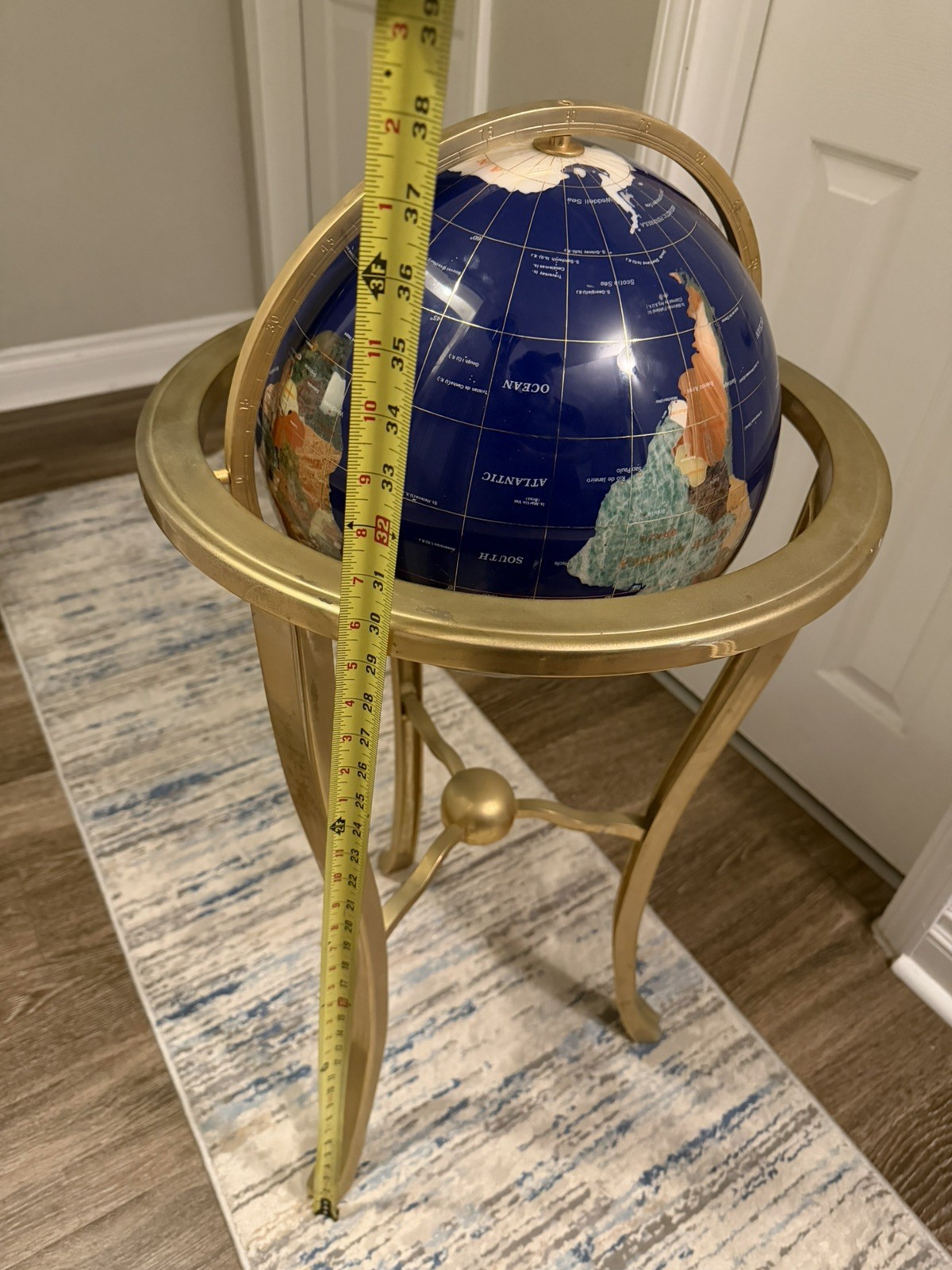 37” Tall Lapis Blue Pearlized Swirl Gemstone World Globe Brass Tripod Stand 37” Tall Lapis Blue Pearlized Swirl Gemstone World Globe Brass Tripod Stand