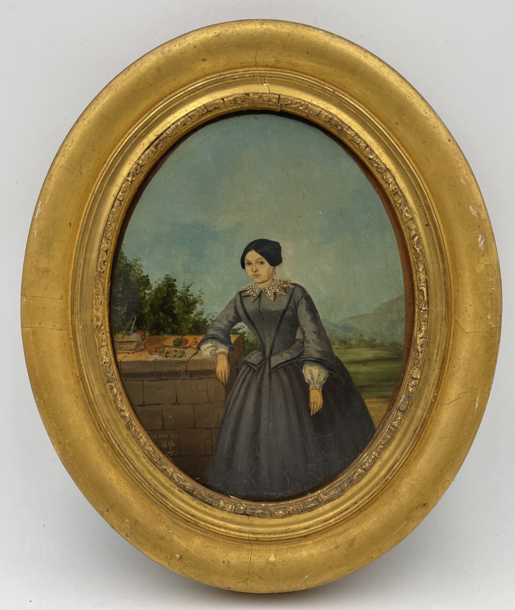 19th Antique Portrait of a Lady Woman in an Landscape Oil Painting C1856