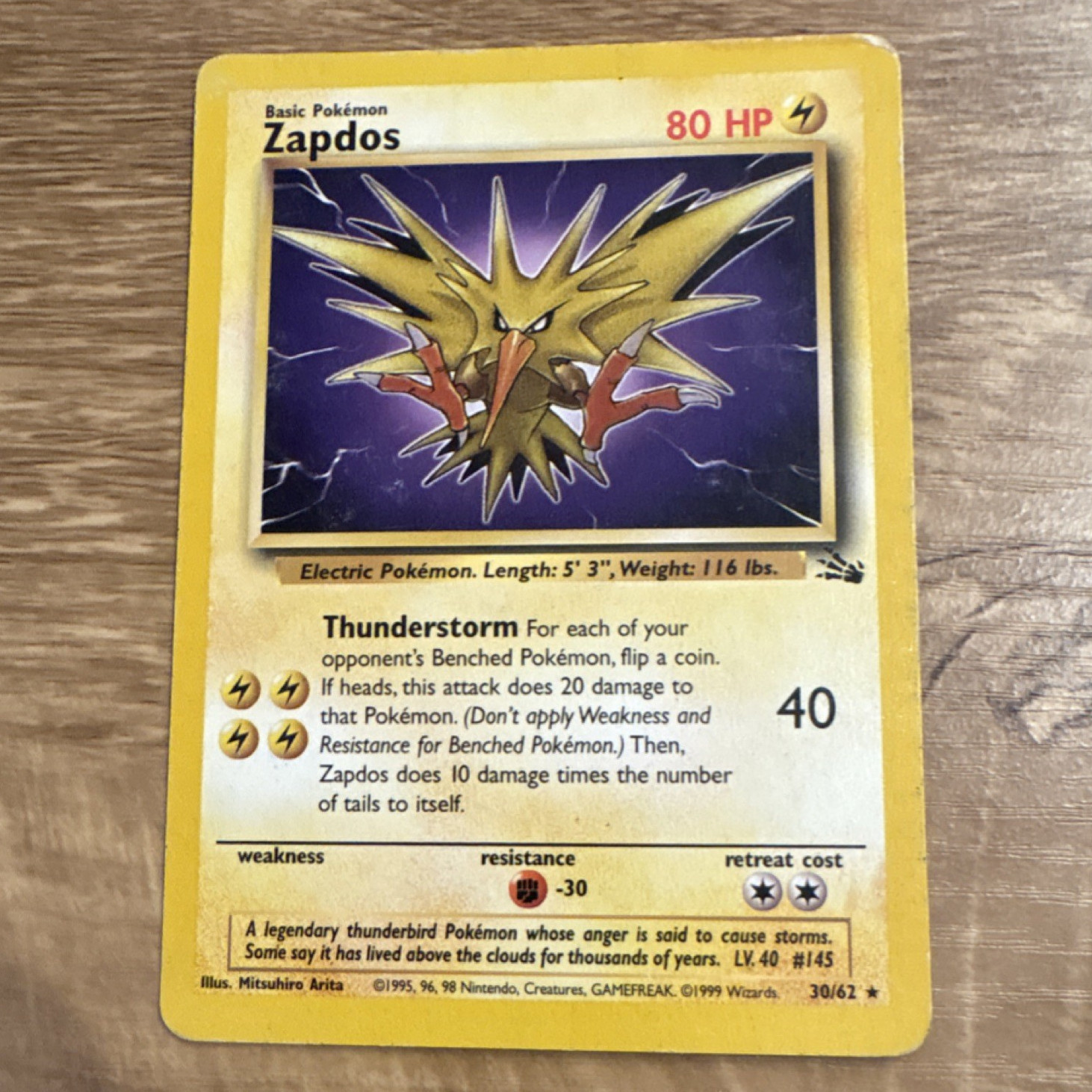 Wizards of the Coast Pokemon TCG Zapdos 30/62 Fossil Rare Regular 80HP 1999 Wizards of the Coast Pokemon TCG Zapdos 30/62 Fossil Rare Regular 80HP 1999