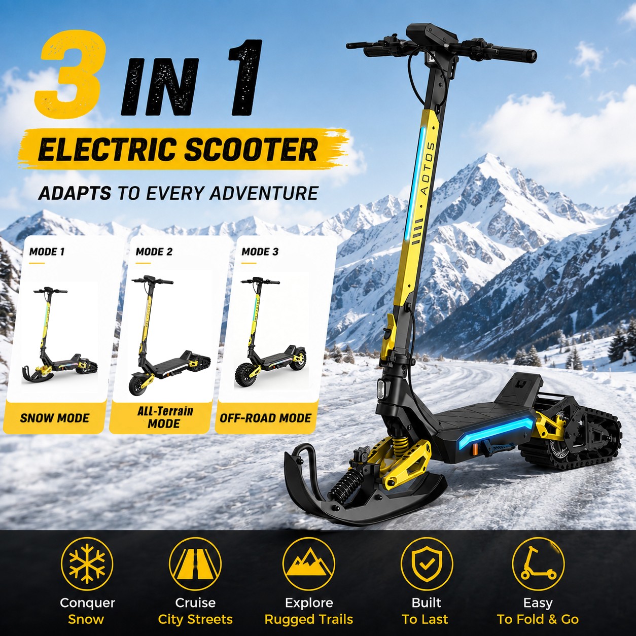 3-IN-1 SNOW SCOOTER ELECTRIC SLED SCOOTER SNOWMOBILE SKI ICE TRACK ALL TERRAIN