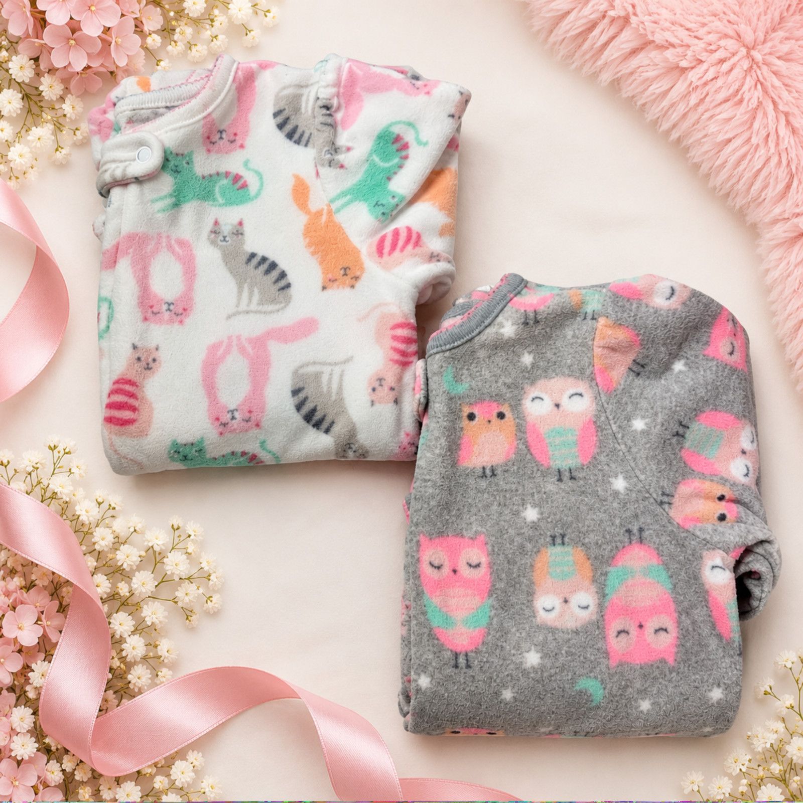 2 - Simple Joys by Carter’s Girls Fleece Footed Sleepers 18M Lot of 2 Cats  Owls