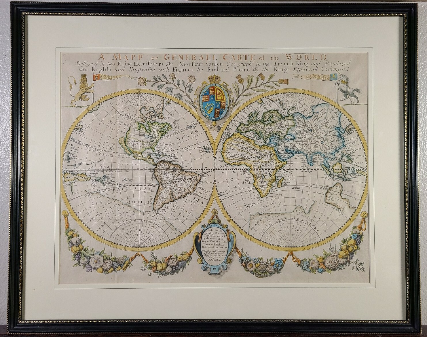 Antique Richard Blome Colored World Map Hemisphere 17th Century English RARE