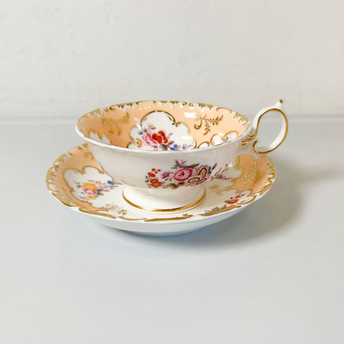 1800s Antique MINTON Teacup & Saucer N3507 Hand Painted Floral Gilt Apricot