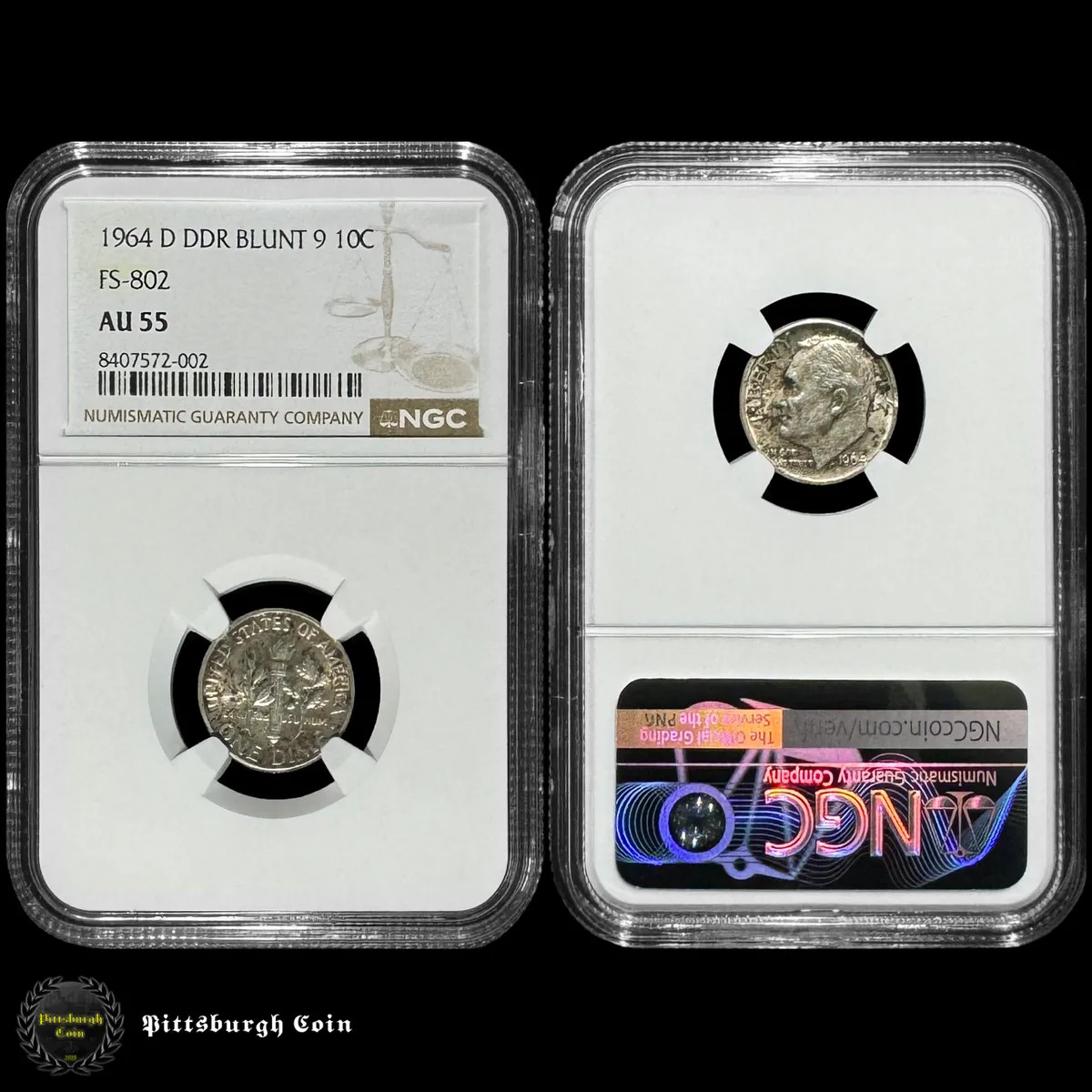 1964-D 10C Roosevelt Dime DDR FS-802 Blunt 9 Variety NGC AU55