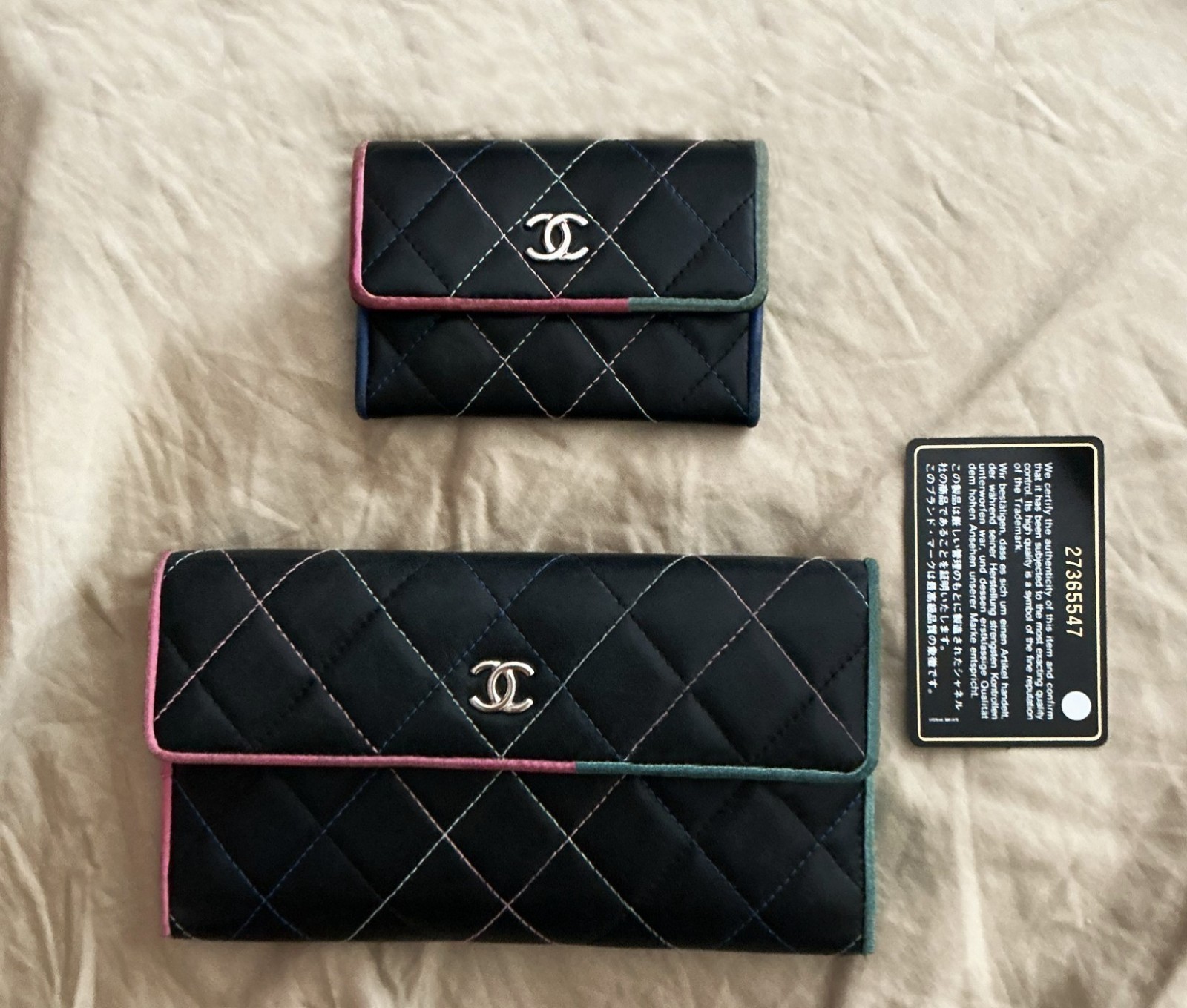 100% Authentic Chanel Large Lambskin Quilted Multicolor Trim Wallet Bag Purse