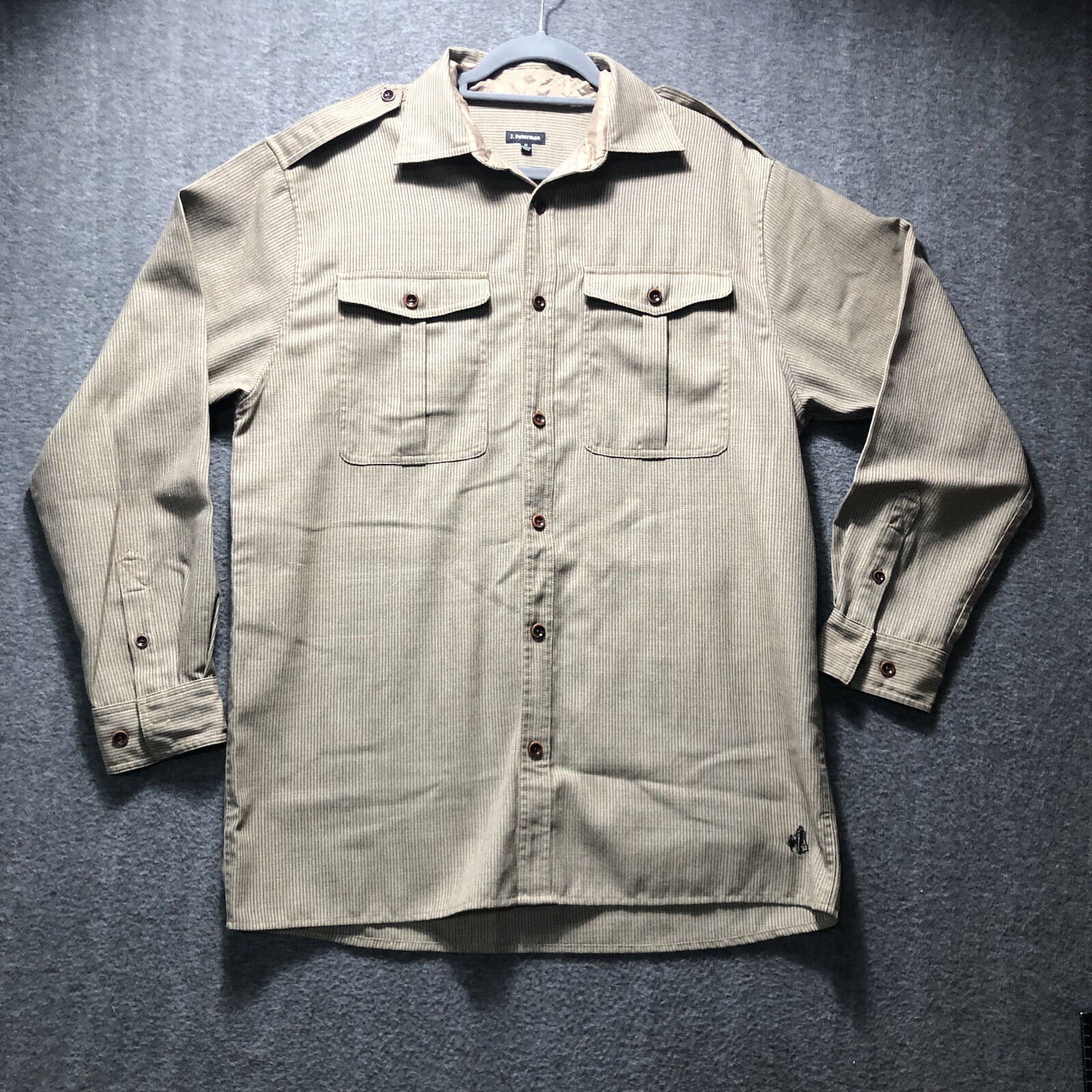 J. Peterman Wool Blend Tan Pin Striped Safari Button-Front Shirt Men\'s Large J. Peterman Wool Blend Tan Pin Striped Safari Button-Front Shirt Men\'s Large