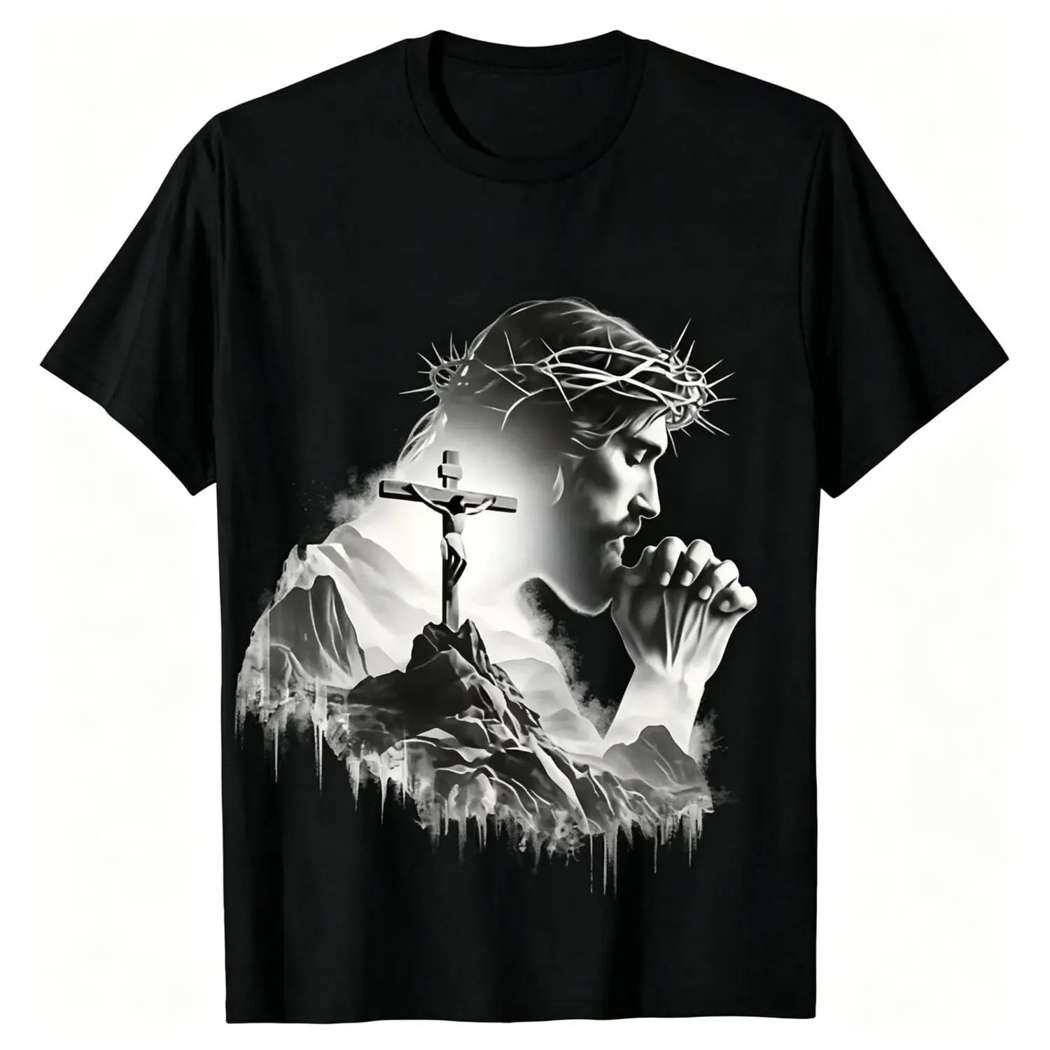 Jesus Praying Crown of Thorns Cross Mountain Christian T-Shirt