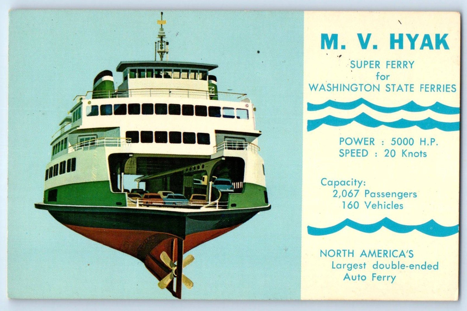 1960 Washington Vintage Postcard M.V. Hyak Super Ferry Double-Ended Auto Ferry