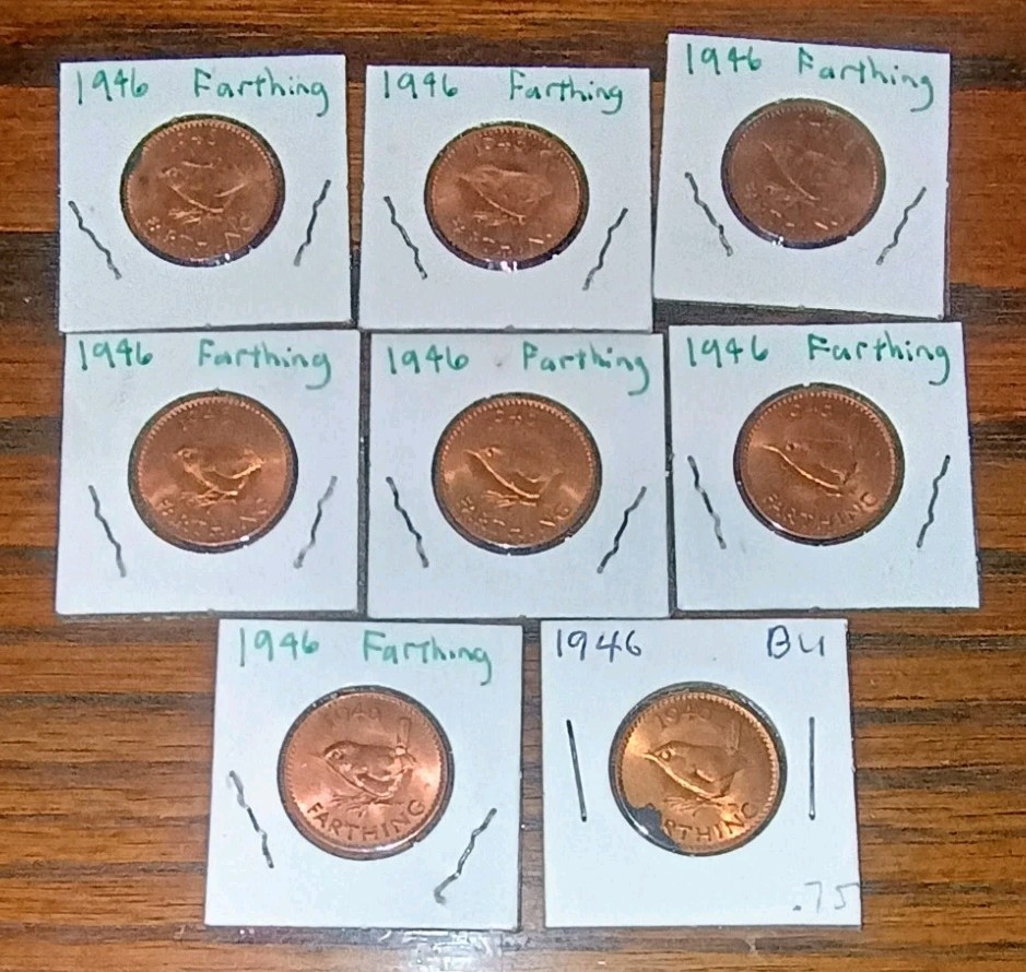 Lot of 8 Vintage British 1946 Farthings – King George VI Copper Coins in Flips