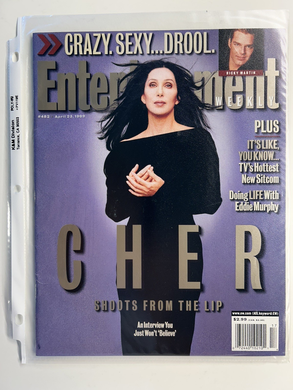 CHER on Cover ENTERTAINMENT WEEKLY Magazine April 23 1999 Ricky Martin/ No LABEL CHER on Cover ENTERTAINMENT WEEKLY Magazine April 23 1999 Ricky Martin/ No LABEL
