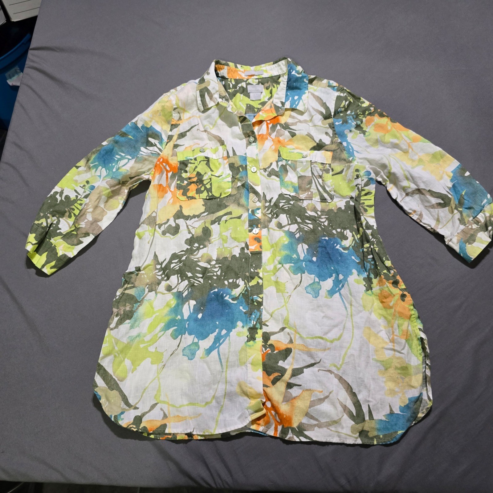 Chico\'s Linen Tunic Women 2 Size 12 Green Abstract Floral No Iron Button Up