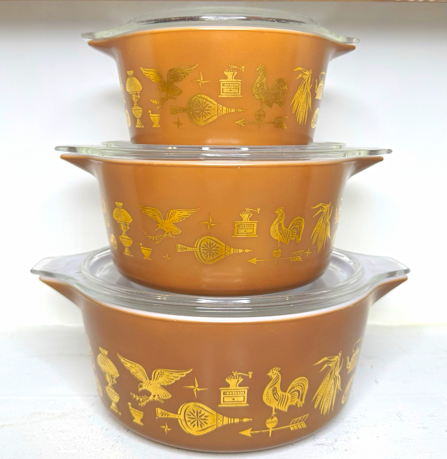 Rare Pyrex Early American set of 3 473, 474, 475 including HTF brown 474 w lids 