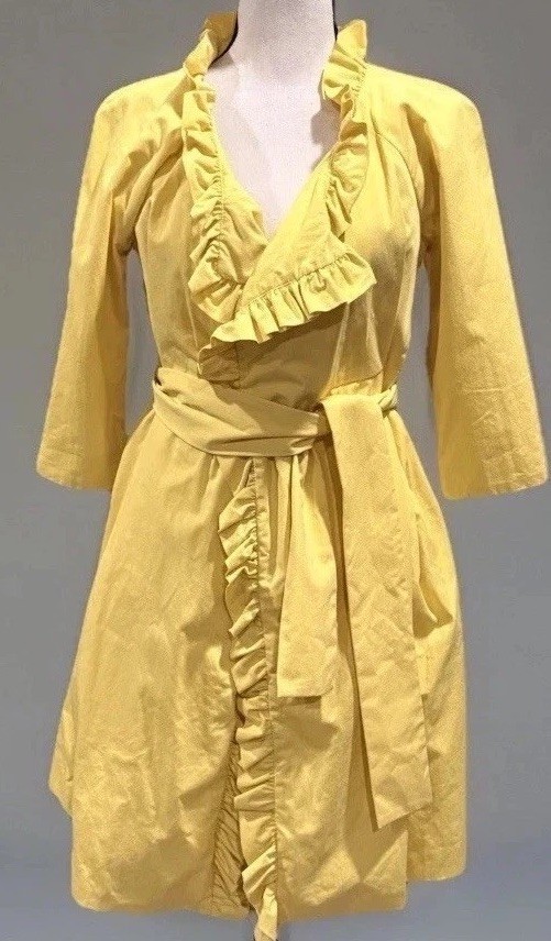 EUC J.Crew Women\'s Yellow Cotton Ruffle Collar 3/4 Sleeve Belted Trench Coat 6P