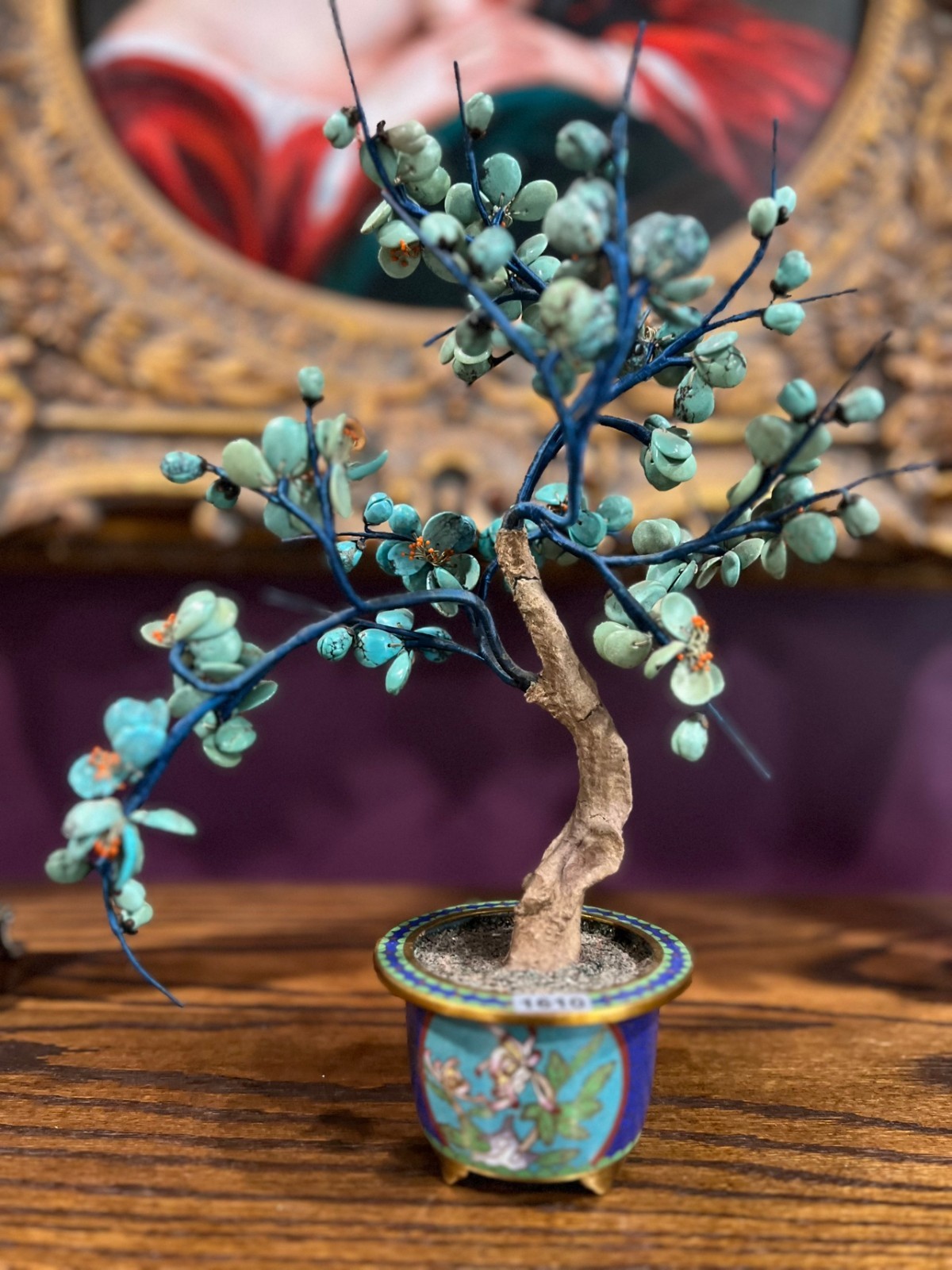 Vintage Chinese Turquoise Bonsai Tree Cloisonne Pot Coral Beads 12\