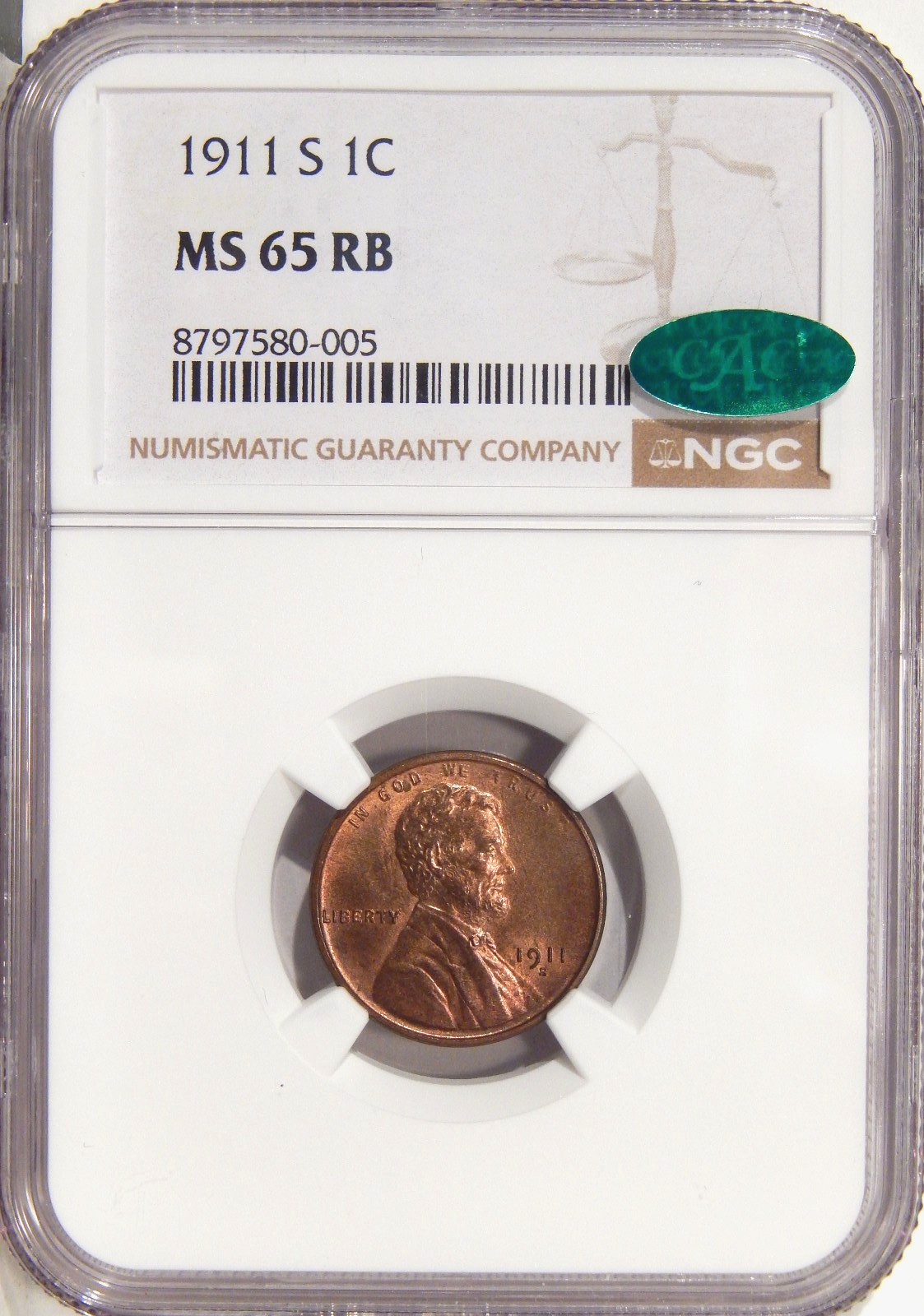 1911-S 1c NGC MS 65 RB CAC ~ BETTER DATE GEM LINCOLN CENT 1911-S 1c NGC MS 65 RB CAC ~ BETTER DATE GEM LINCOLN CENT