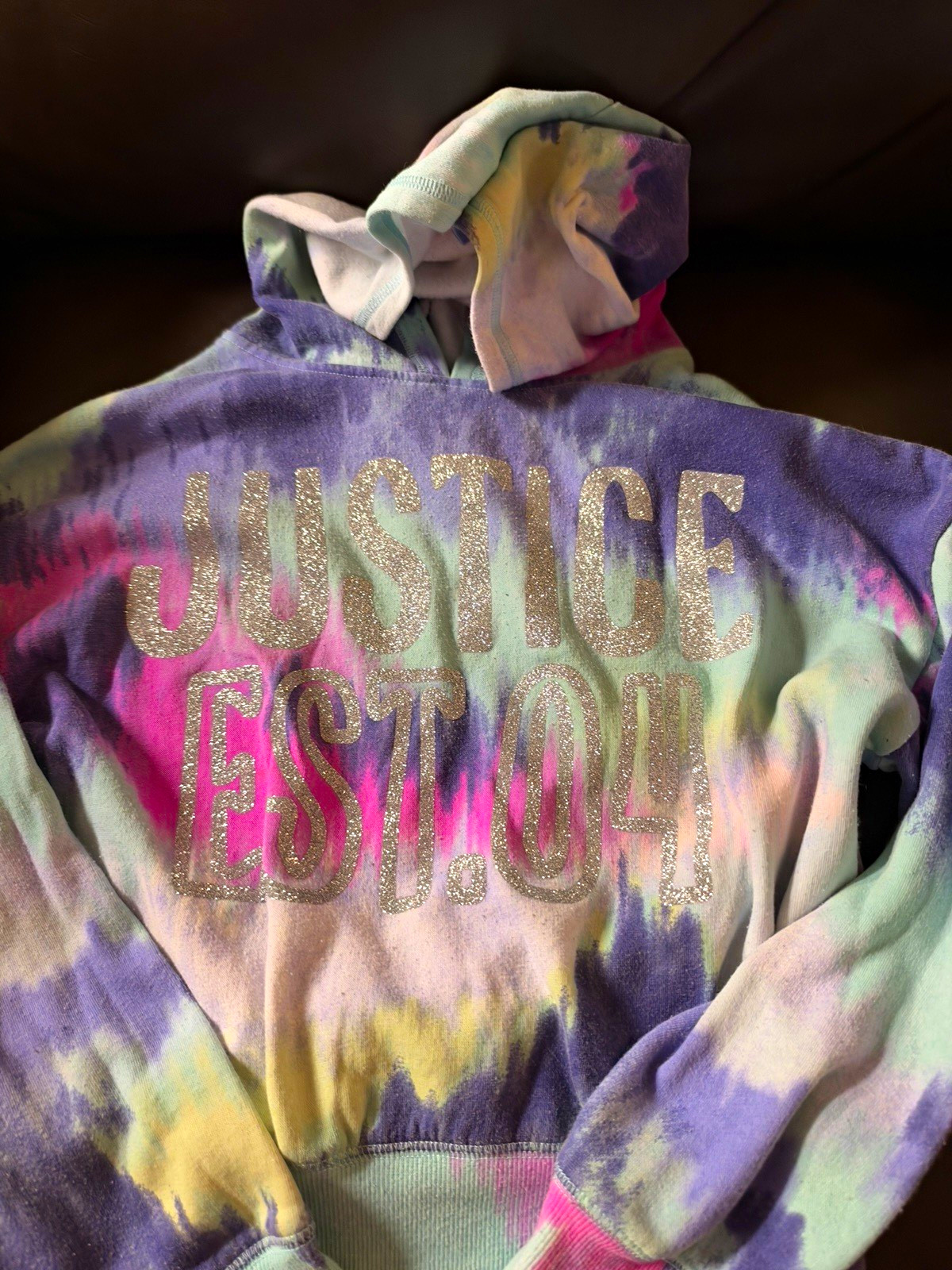 Y2K Justice Girls Tie-Dye Pullover Hoodie Glitter Logo Fleece Long Sleeve Sz L Y2K Justice Girls Tie-Dye Pullover Hoodie Glitter Logo Fleece Long Sleeve Sz L