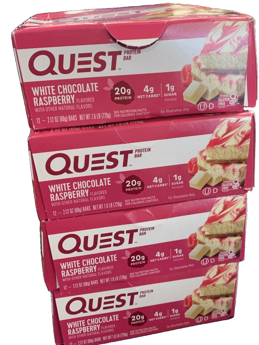 4 boxes Quest Nutrition White Chocolate Raspberry Protein Bars, 20g, 48-Pack 4 boxes Quest Nutrition White Chocolate Raspberry Protein Bars, 20g, 48-Pack