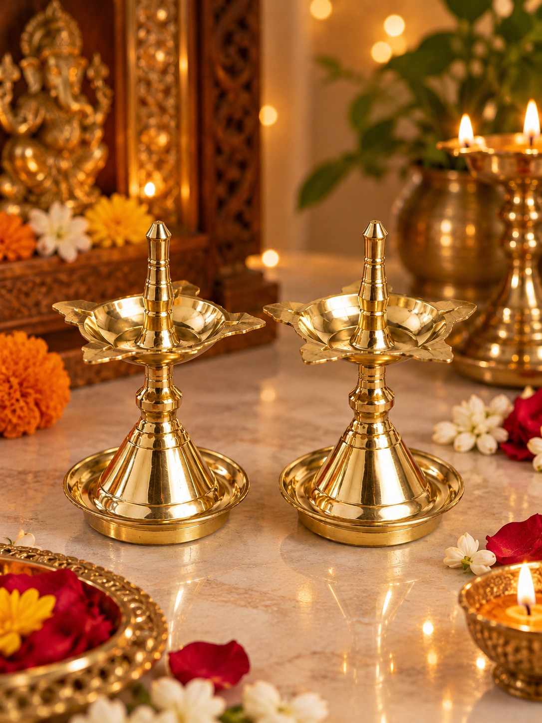 Kerala Samai Oil Lamp Set – 5 Inch Traditional Brass Deepam, South Indian Pooja