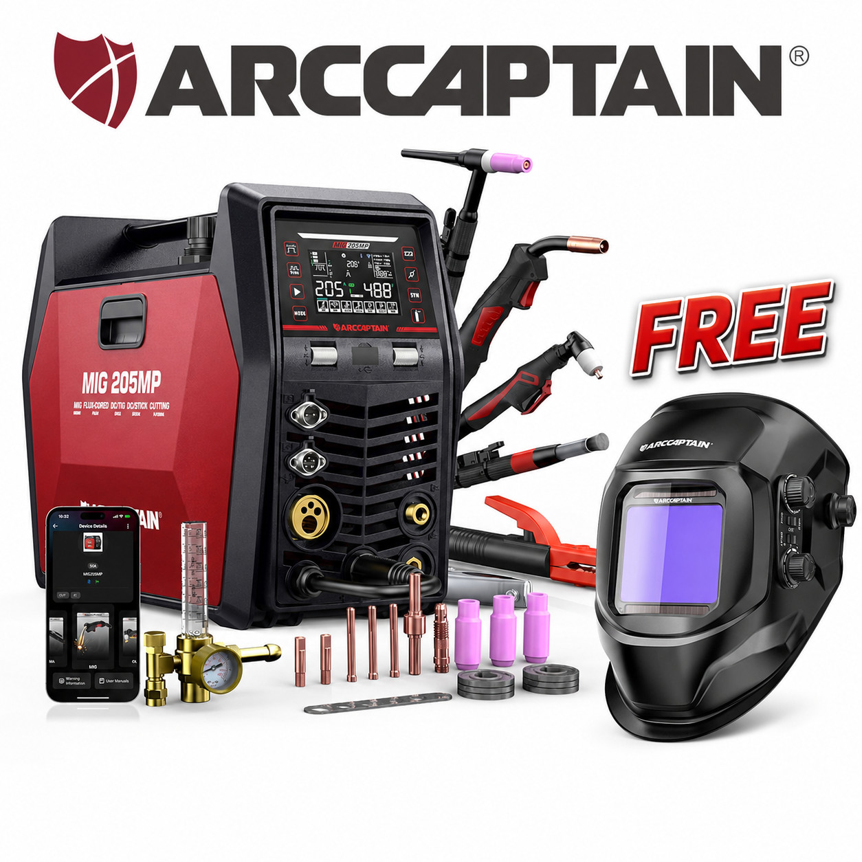 ARCCAPTAIN MIG205MP MIG Welder 9 IN 1 iControl APP Control with Welding Helmet