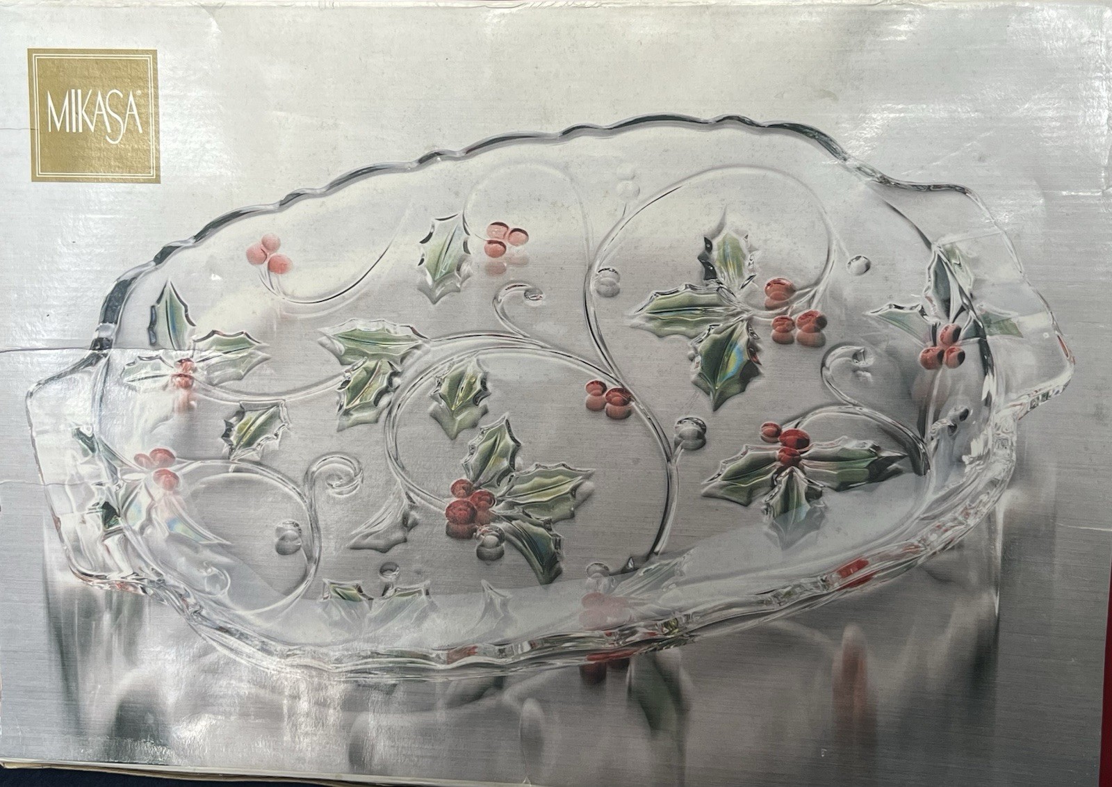 MIKASA NIB Clear Glass Holly Christmas Oval Serving Tray 15 in with Handles MIKASA NIB Clear Glass Holly Christmas Oval Serving Tray 15 in with Handles