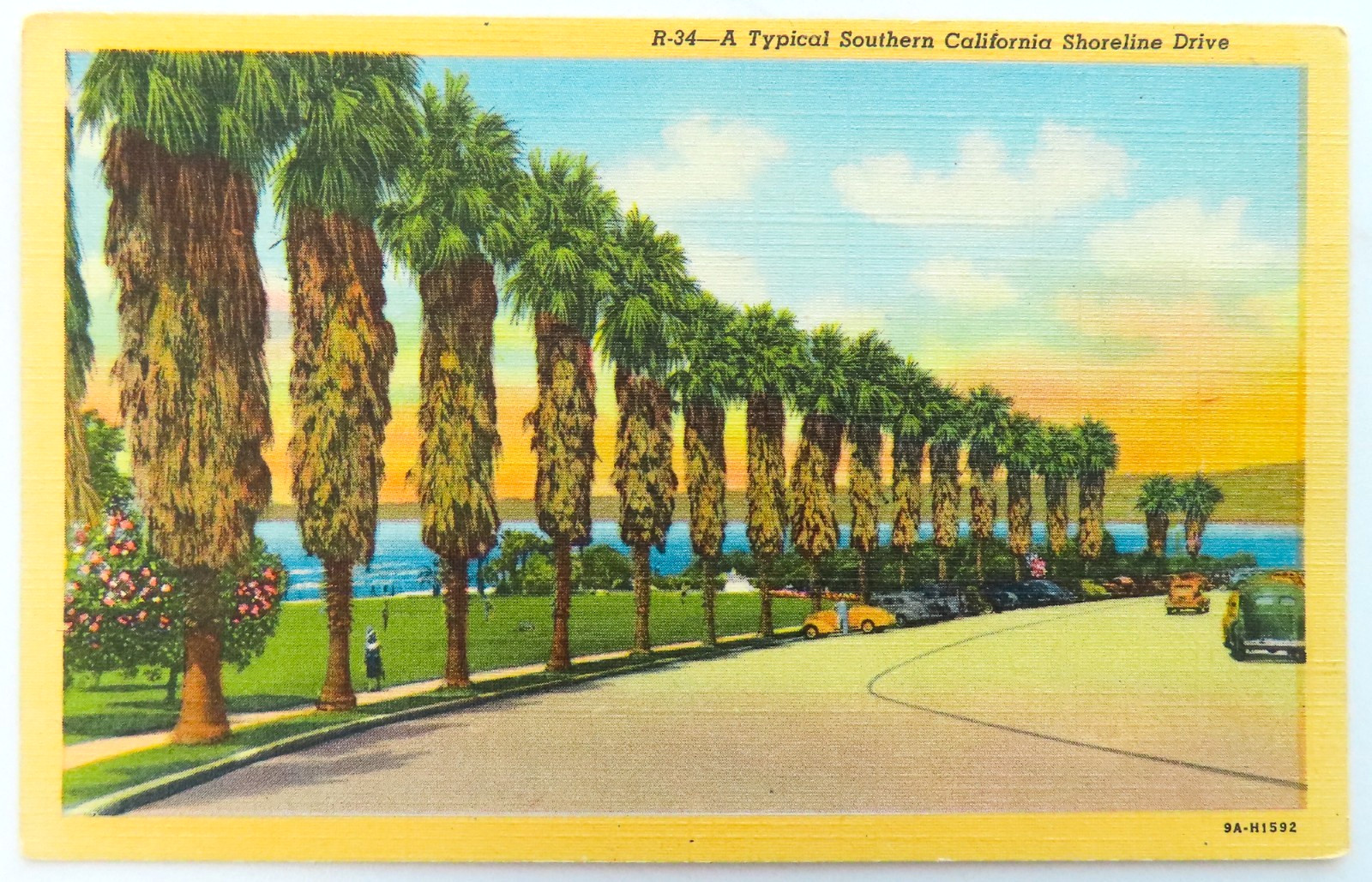 Southern California Shoreline Postcard Vintage Linen Palm Trees Travel Road CA