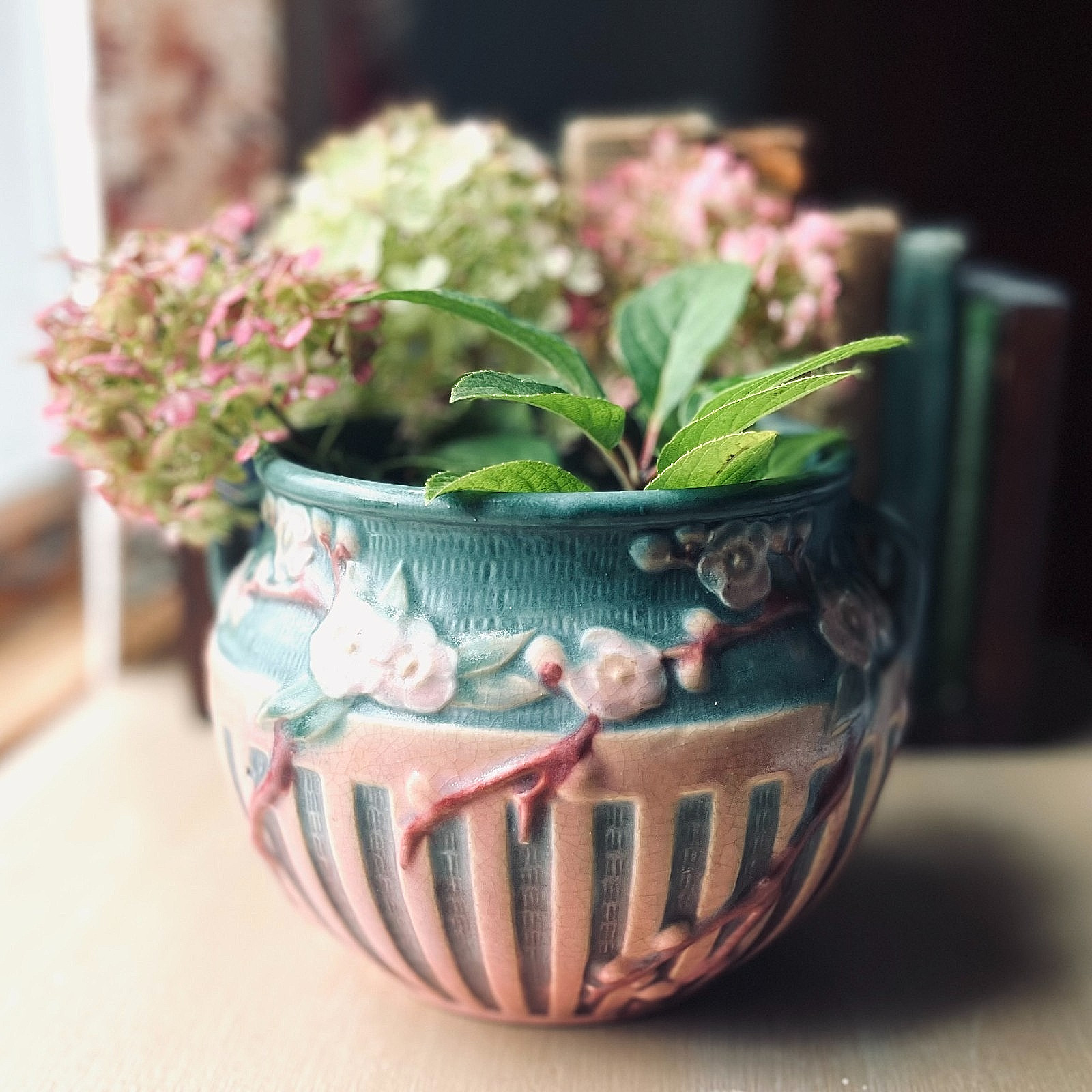 Vintage Roseville Pottery Cherry Blossom Jardiniere Vase, 1933 Art Deco Planter Vintage Roseville Pottery Cherry Blossom Jardiniere Vase, 1933 Art Deco Planter