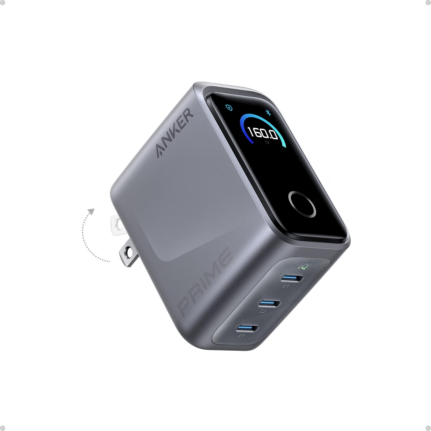 Anker Prime Charger 160W 3-Port Compact GaN USB Block Smart Display Touch Anker Prime Charger 160W 3-Port Compact GaN USB Block Smart Display Touch