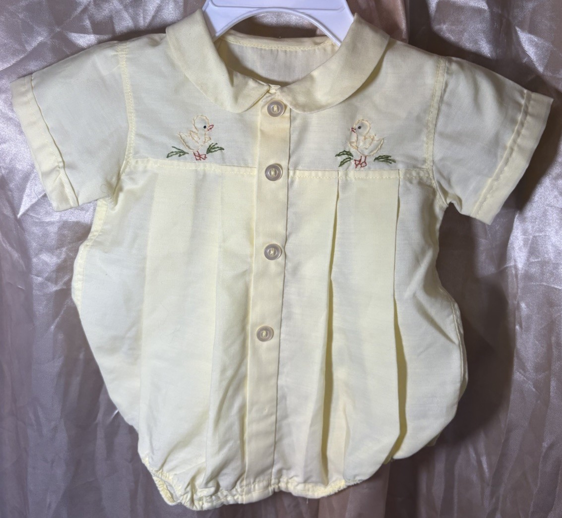 Vintage Bubble Romper Yellow Hand-Embroidered, Peter Pan Collar, Pin-Tuck Pleats Vintage Bubble Romper Yellow Hand-Embroidered, Peter Pan Collar, Pin-Tuck Pleats