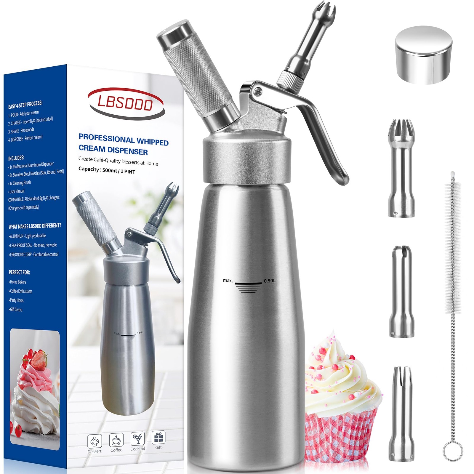 Professional Aluminum Whipped Cream Dispenser, 500ml/1 Pint Leak-Proof Whip C