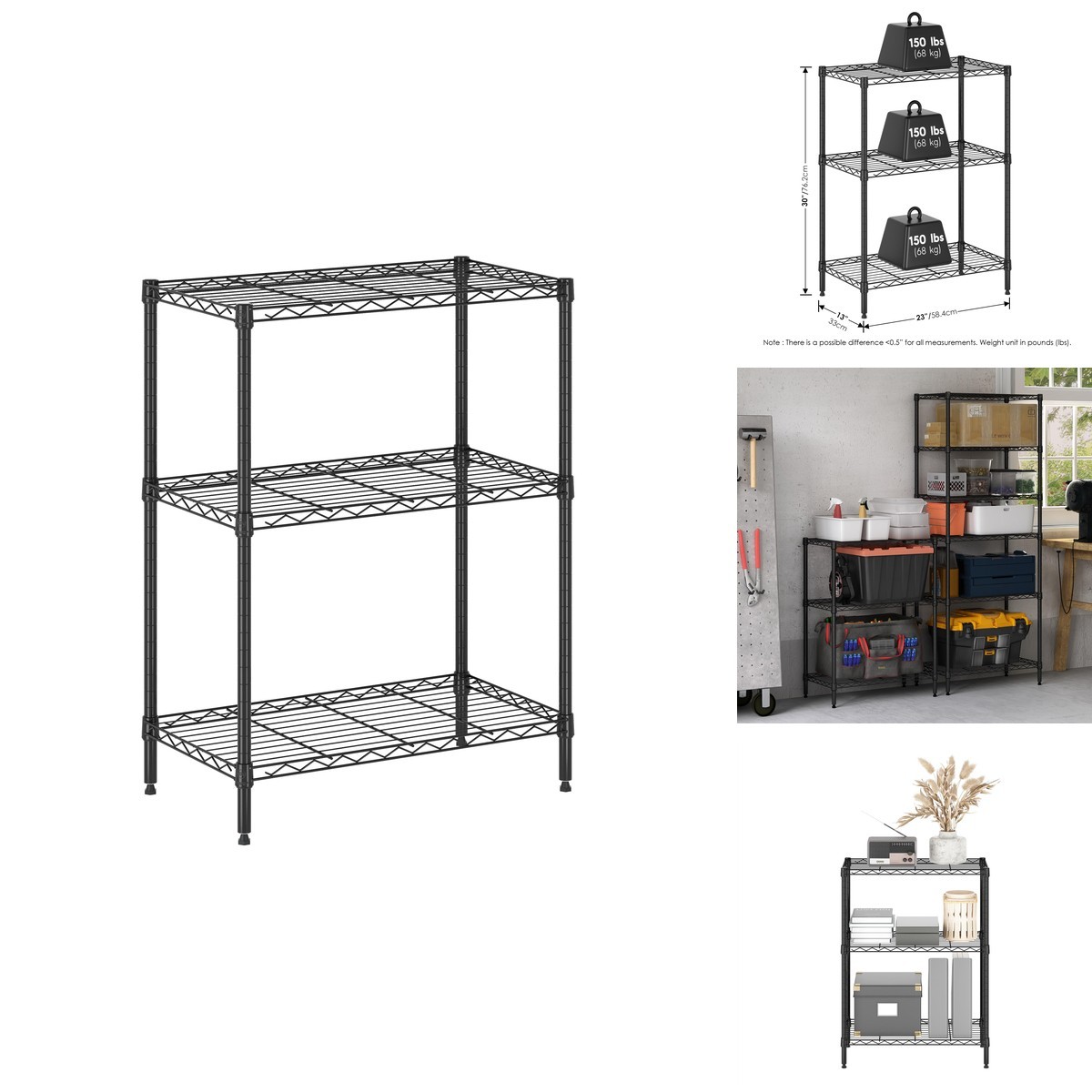 Furinno Wayar 3-Tier Metal Storage Shelf Rack 23 x 13 x 30 Black