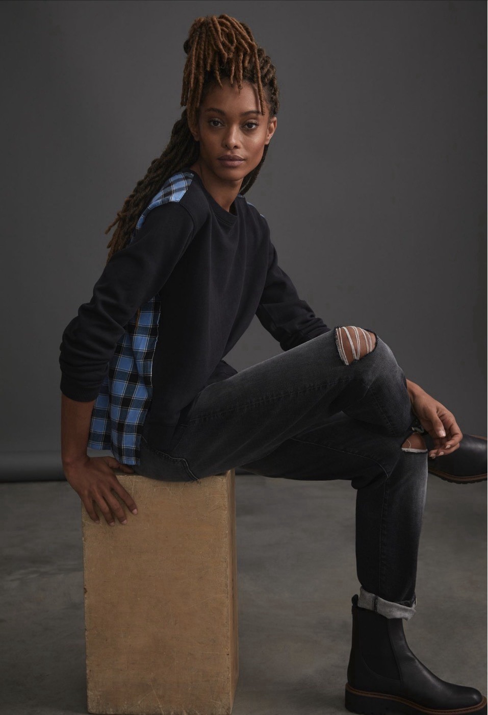 Anthropologie Pilcro Womens Contrast Flannel Sweatshirt Black Blue Plaid Small Anthropologie Pilcro Womens Contrast Flannel Sweatshirt Black Blue Plaid Small