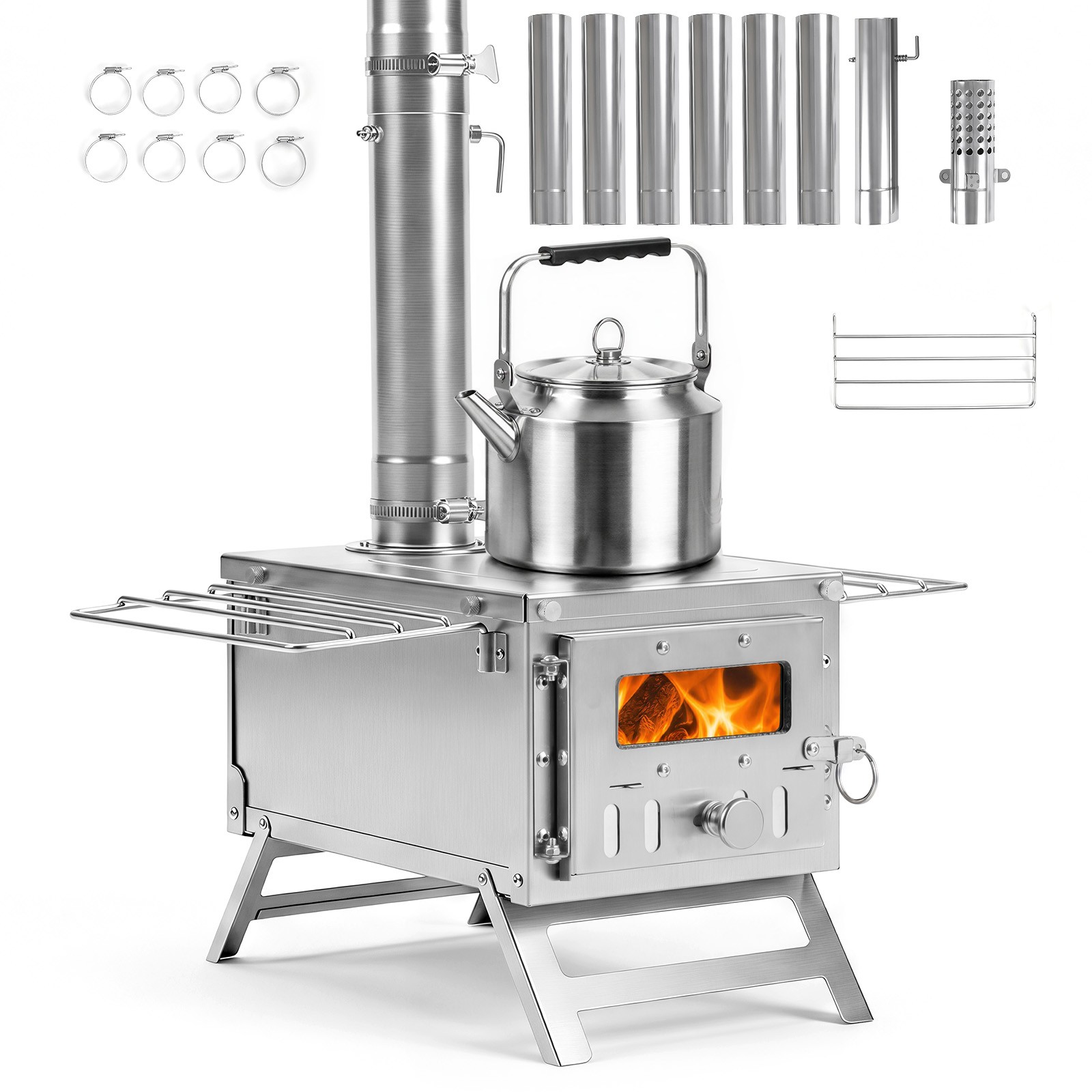 Hot Tent Stove, Portable Wood Burning Stove w/ 7 Chimney Pipes & Spark Arrestor