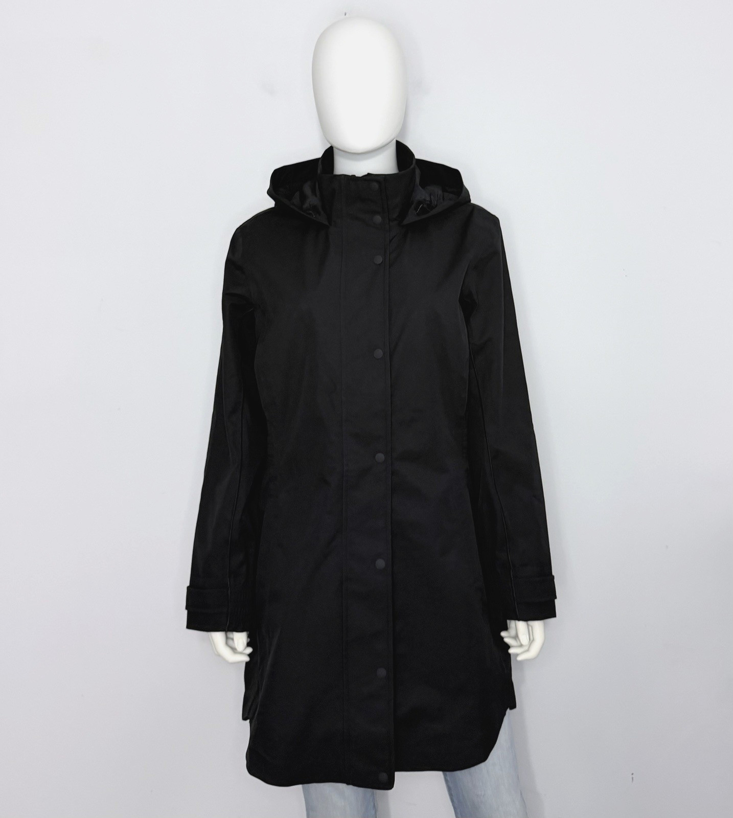 Athleta Rainout Sutro Long Trench Jacket Womens L Black Zip Pockets Logo NWOT