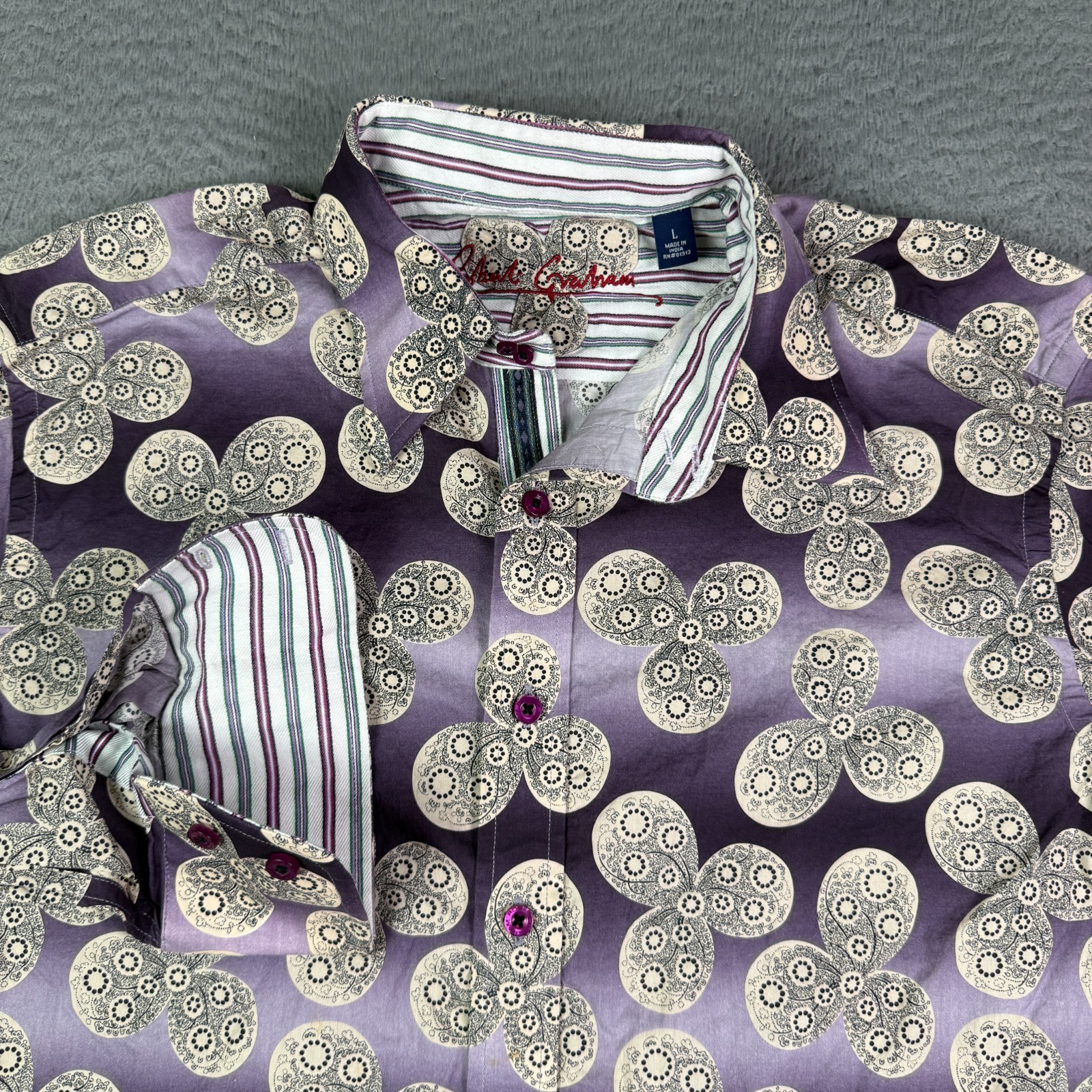 Robert Graham Shirt Mens L Purple Floral Geometric Flip Cuff Long Sleeve
