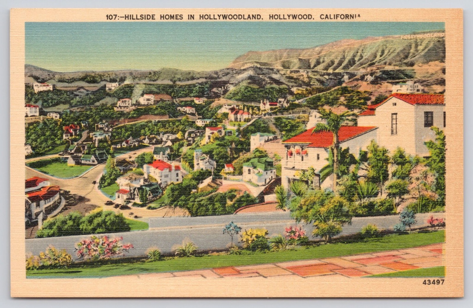 California Scenic Postcard Hillside Homes Hollywoodland Hollywood CA 43497