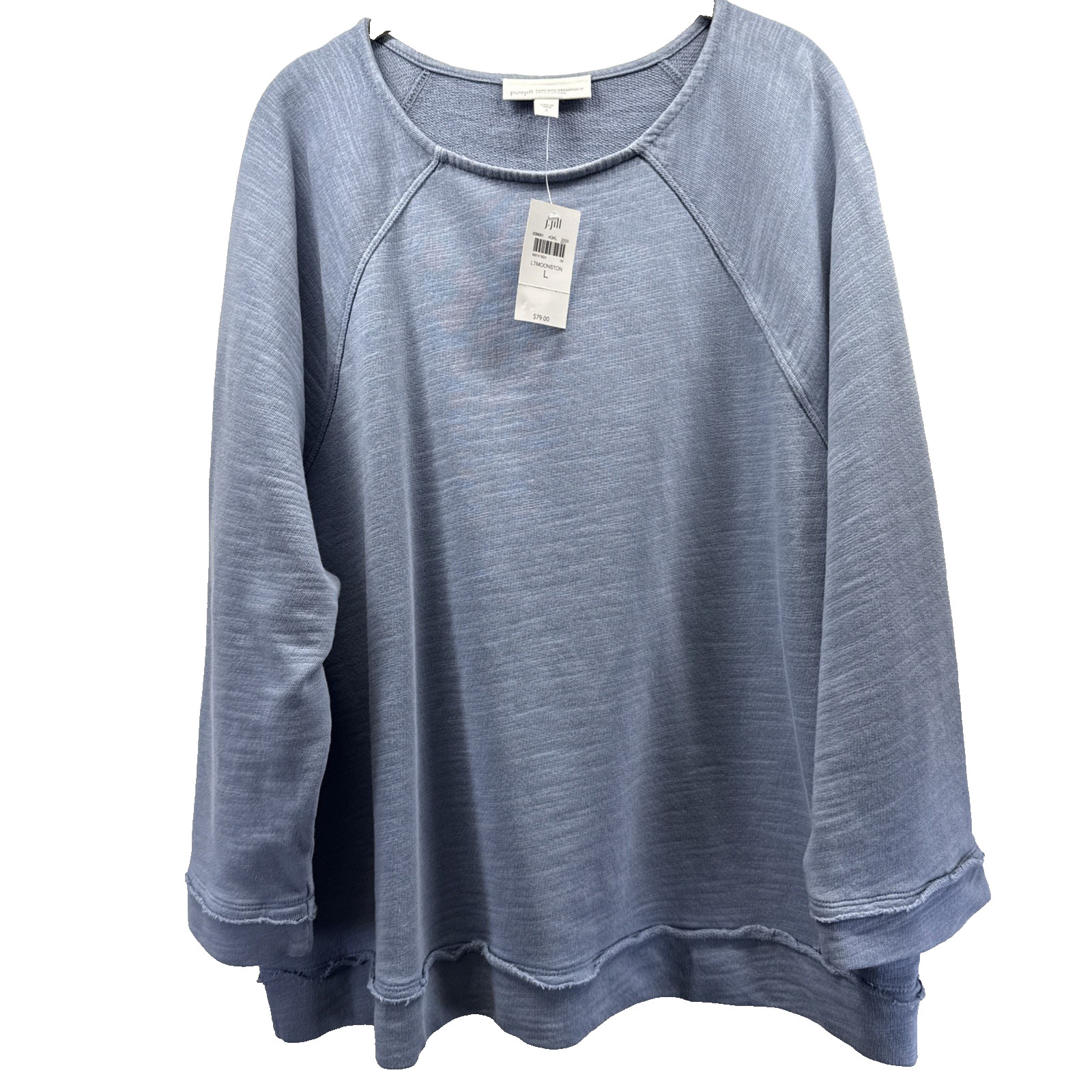 Purejill J Jill Organic Grown Cotton Top Sz Large Solid Blue Raglan Pullover NWT