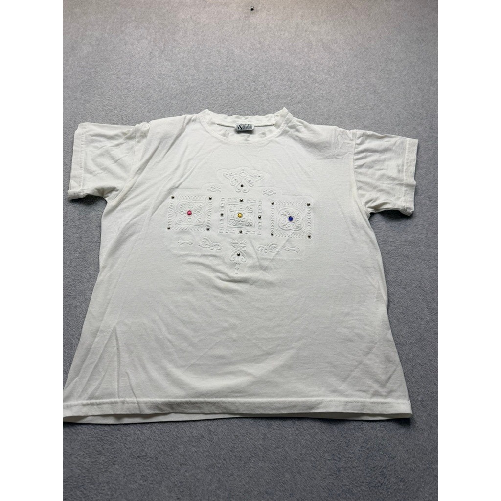 Kavio Designs White Short Sleeve T-Shirt Embroidered Studded Gemstone Vintage XL Kavio Designs White Short Sleeve T-Shirt Embroidered Studded Gemstone Vintage XL
