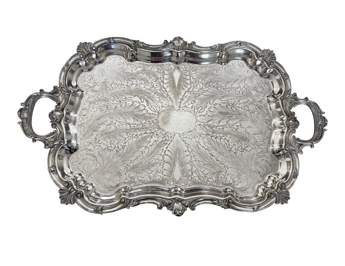 Large 19th C Ornate Handled Silverplate Tray 18 X 29 Birmingham Heavily Carved Large 19th C Ornate Handled Silverplate Tray 18 X 29 Birmingham Heavily Carved