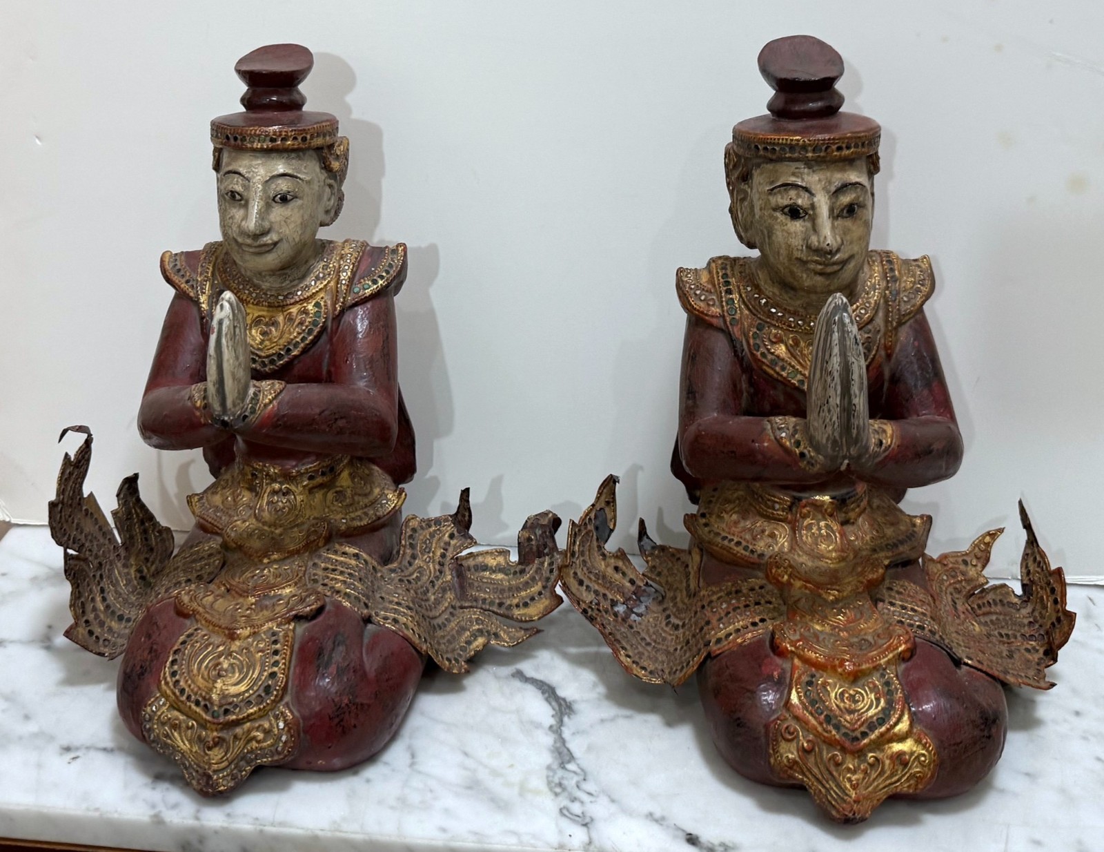 PAIR OF LARGE VINTAGE THAI PAINTED WOOD AND METAL SCULPTURES OF PRAYING MONKS